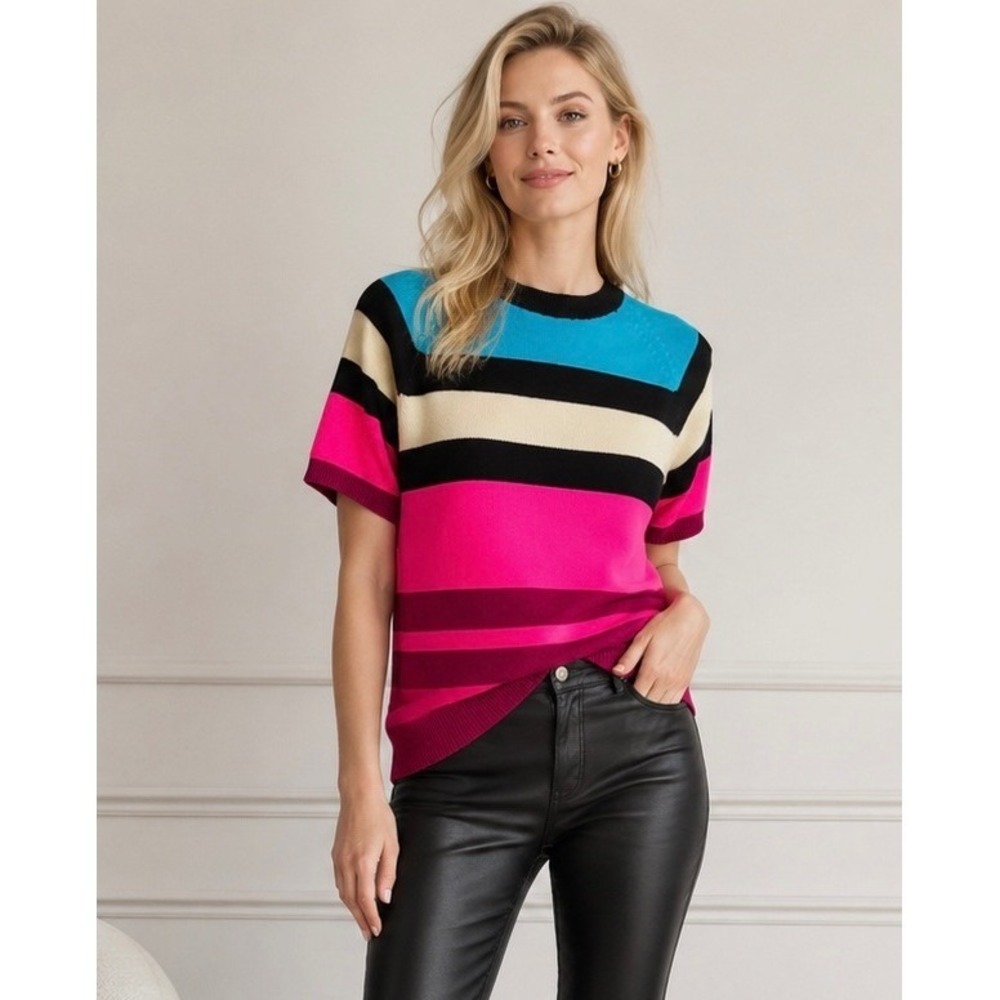 VINTAGE 80s 90s Colorblock Mock Neck Sweater Hot Pink Turquoise Size 36 SONY